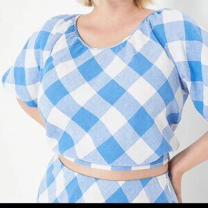 Lane Bryant Linen Crop Top Womens Size 14 White Blue Plaid Gingham Coastal